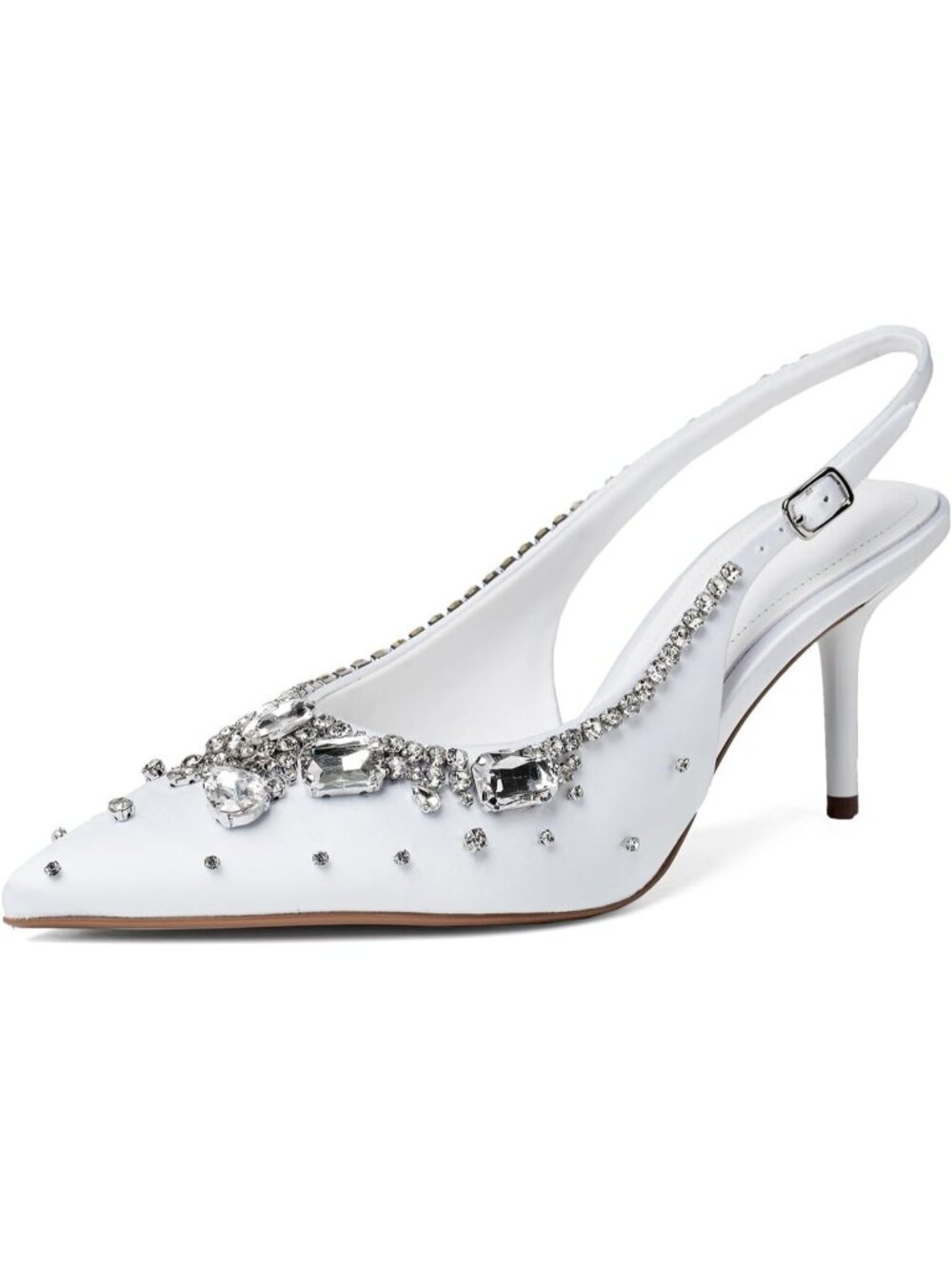 Women's White Rhinestone Heels Satin Slingback Kitten Heel Pointed Closed Toe